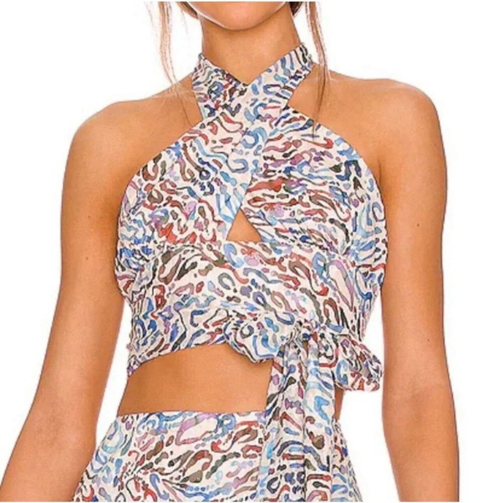 Amanda Uprichard Lavera Crop Top in Lynx Size M Halter Neck Tie Back Colorful